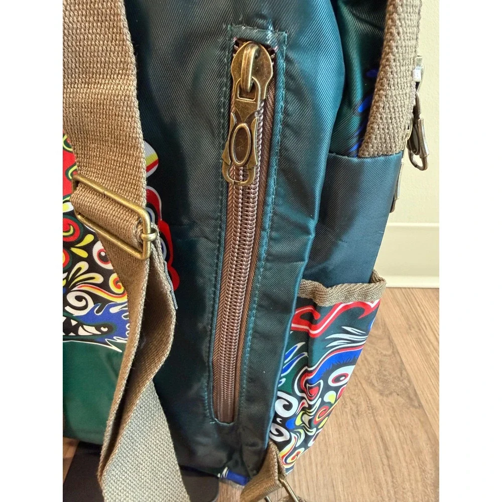 Meizhidao Teal Graphic Print Nylon Backpack Adjustable Straps Multi Color Bag